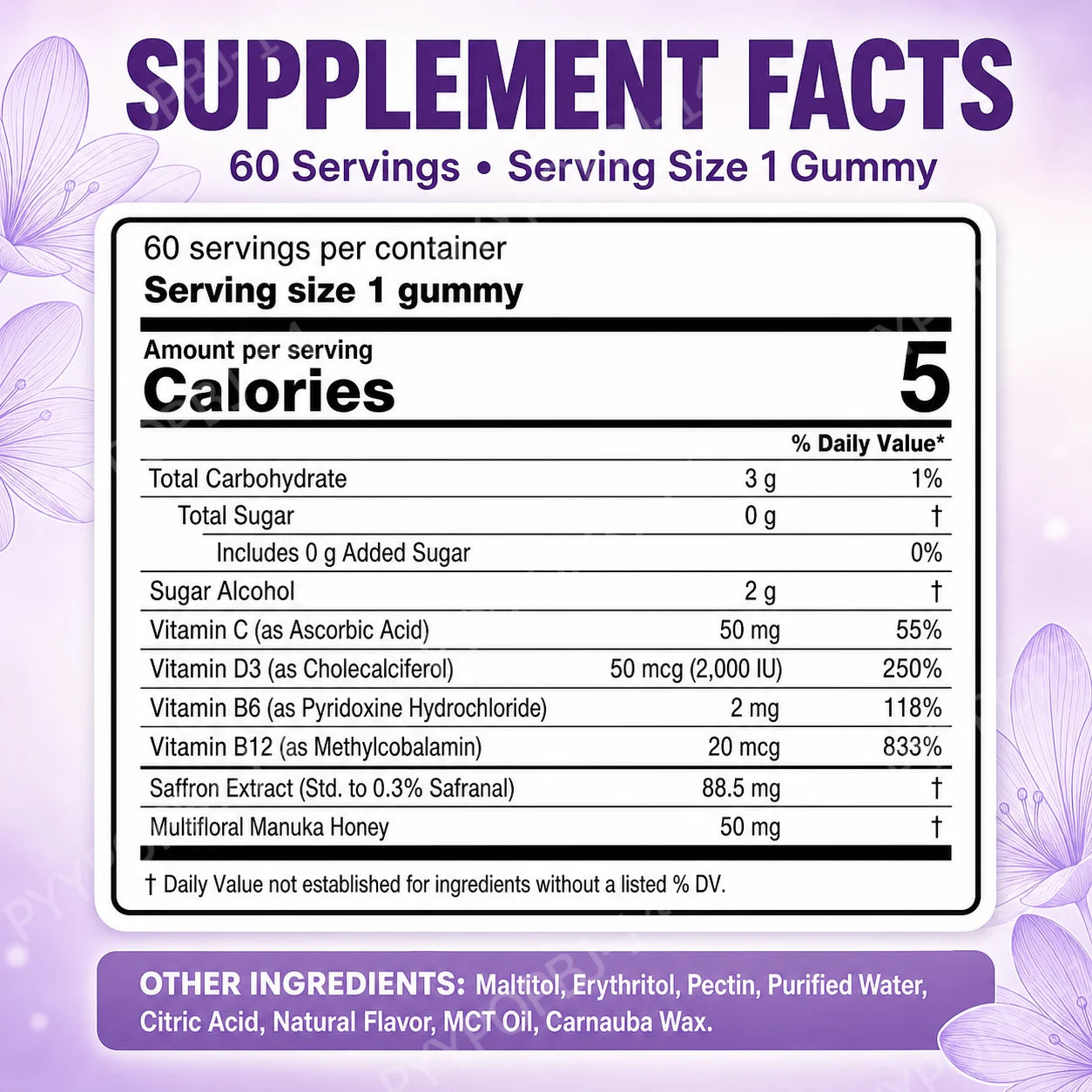 Saffron Extract Gummies 88.5mg with Vitamins C D3 B6 B12, Sugar-Free Mixed Berry, 60 Vegan Gummies