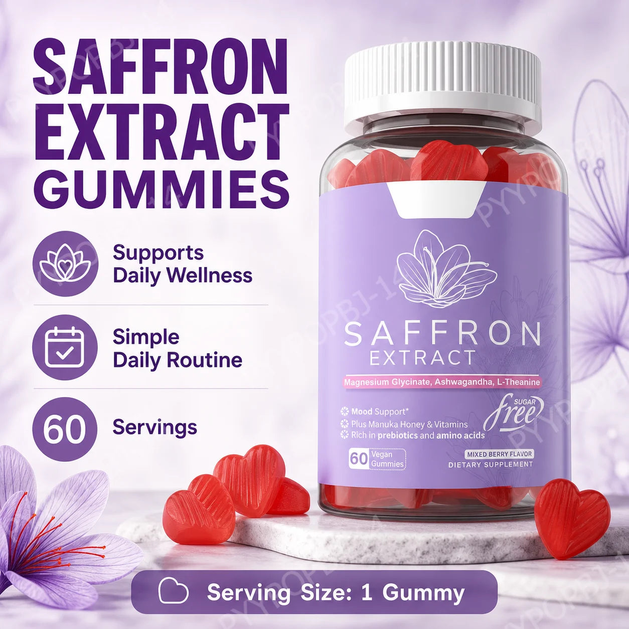 Saffron Extract Gummies 88.5mg with Vitamins C D3 B6 B12, Sugar-Free Mixed Berry, 60 Vegan Gummies