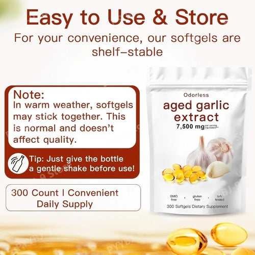 Aged Garlic Extract Supplement Odorless Capsules 7500mg Equivalent Plant-Based Non-GMO Daily Nutritional Support 300 Count
