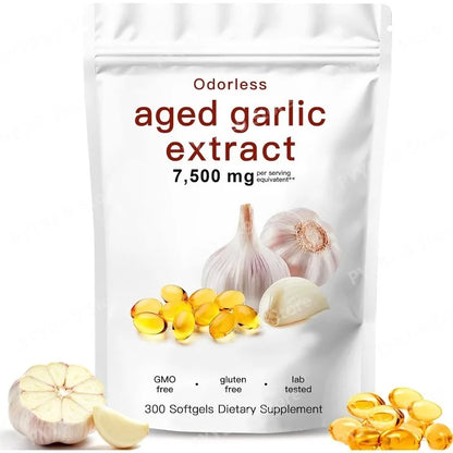 Aged Garlic Extract Supplement Odorless Capsules 7500mg Equivalent Plant-Based Non-GMO Daily Nutritional Support 300 Count