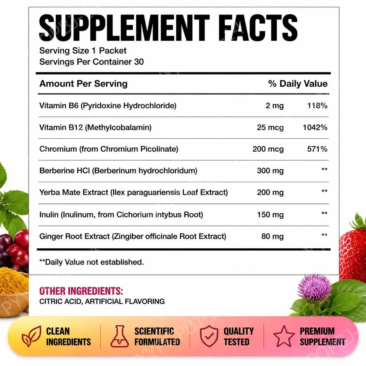 Berberine HCl And Yerba Mate Powder Drink Mix with Chromium Vitamin B6 & B12 30 Sticks Daily Weight Management Supplement