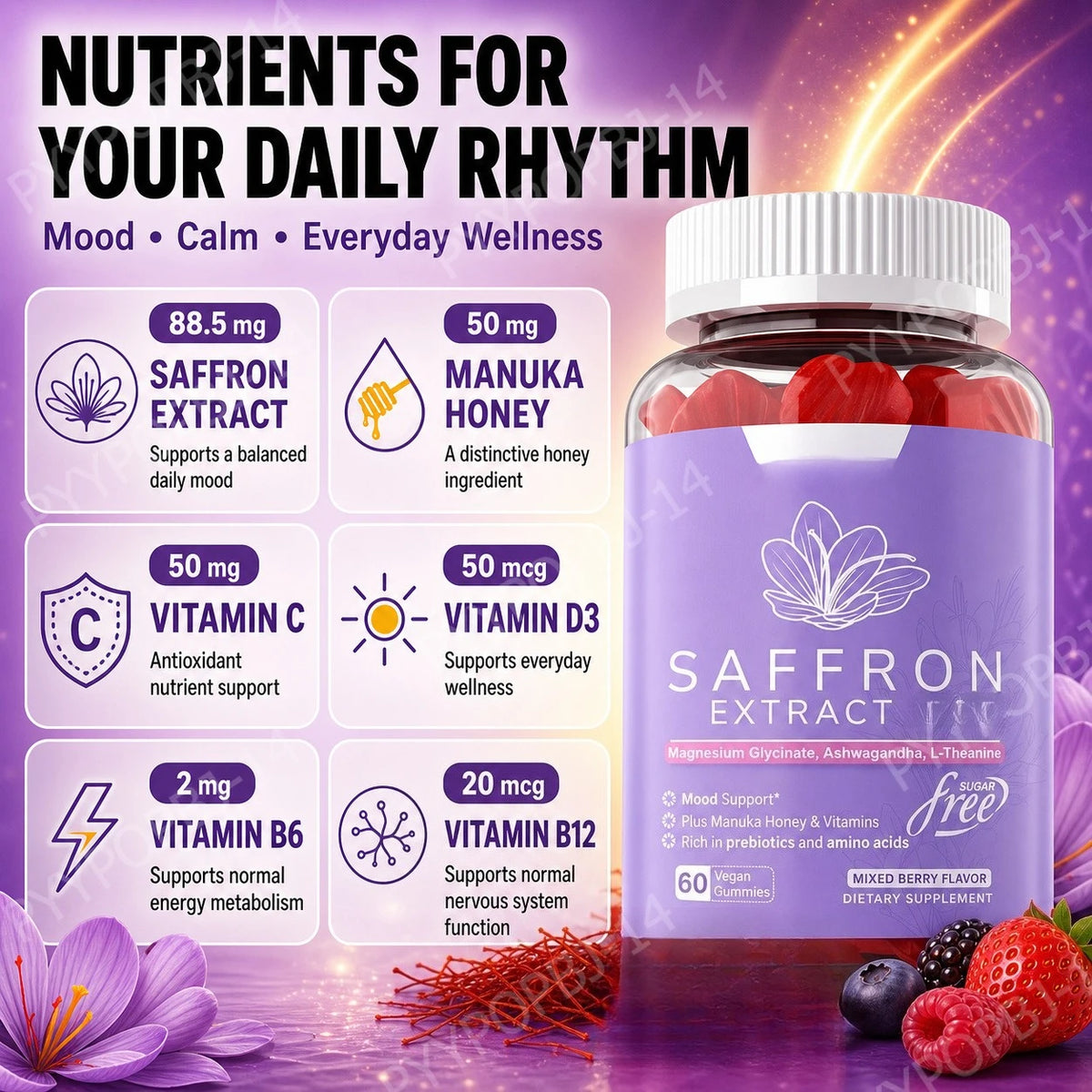 Saffron Extract Gummies 88.5mg with Vitamins C D3 B6 B12, Sugar-Free Mixed Berry, 60 Vegan Gummies