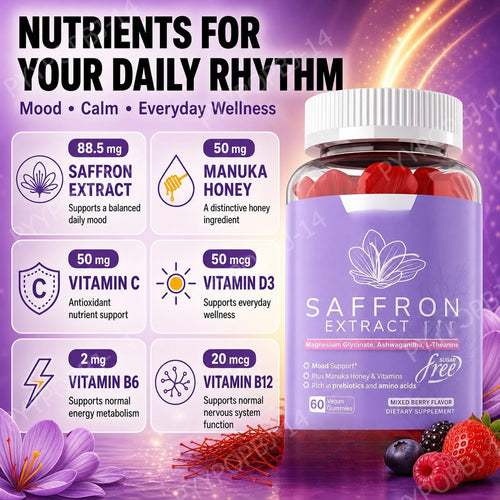 Saffron Extract Gummies 88.5mg with Vitamins C D3 B6 B12, Sugar-Free Mixed Berry, 60 Vegan Gummies