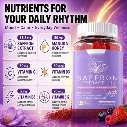 Saffron Extract Gummies 88.5mg with Vitamins C D3 B6 B12, Sugar-Free Mixed Berry, 60 Vegan Gummies