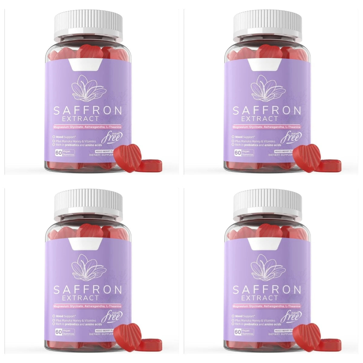 Saffron Extract Gummies 88.5mg with Vitamins C D3 B6 B12, Sugar-Free Mixed Berry, 60 Vegan Gummies