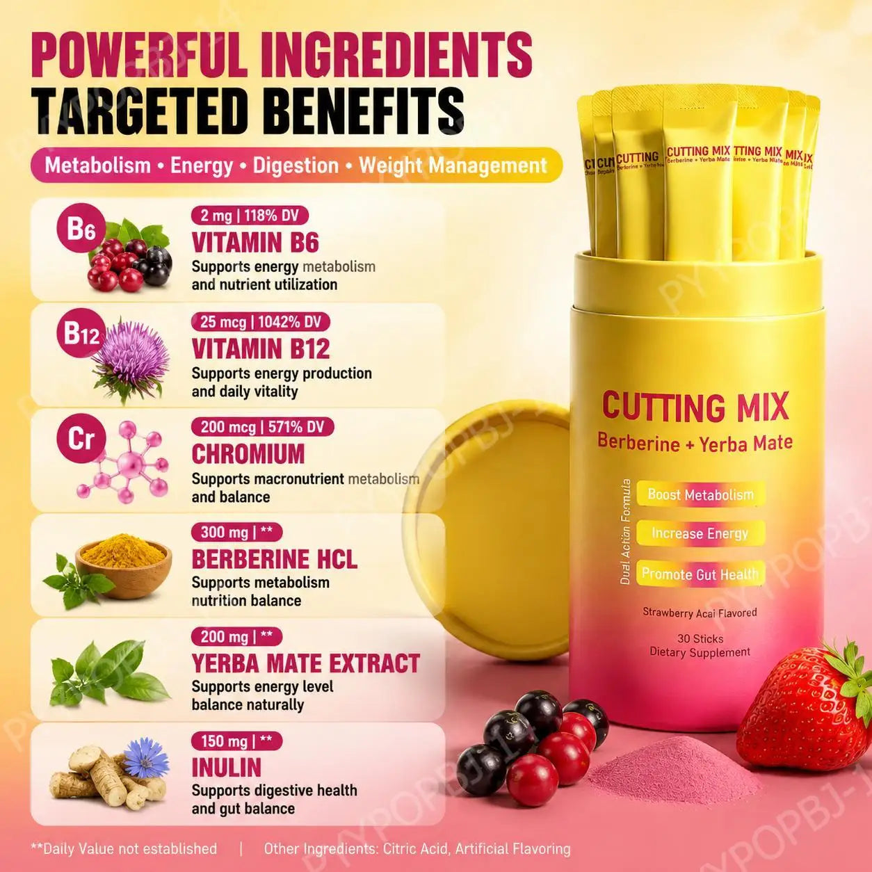 Berberine HCl And Yerba Mate Powder Drink Mix with Chromium Vitamin B6 & B12 30 Sticks Daily Weight Management Supplement