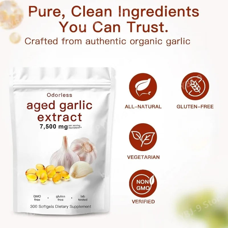 Aged Garlic Extract Supplement Odorless Capsules 7500mg Equivalent Plant-Based Non-GMO Daily Nutritional Support 300 Count