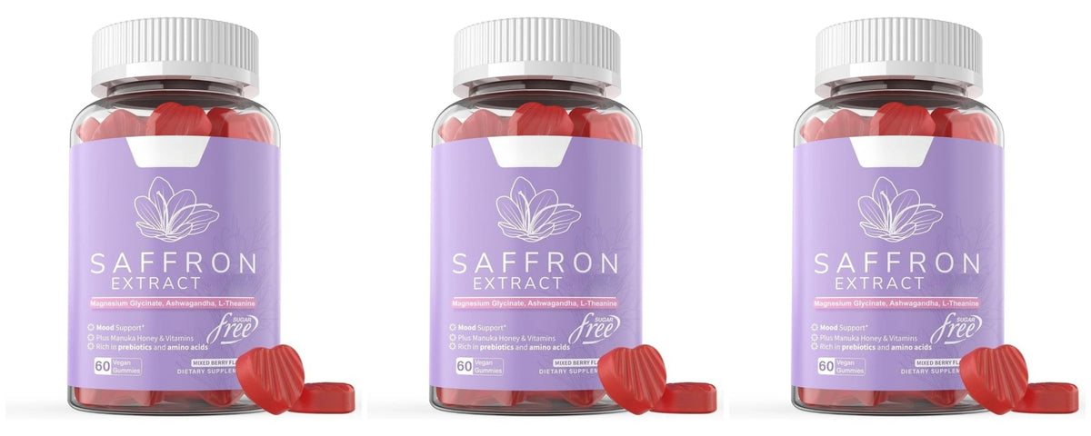 Saffron Extract Gummies 88.5mg with Vitamins C D3 B6 B12, Sugar-Free Mixed Berry, 60 Vegan Gummies