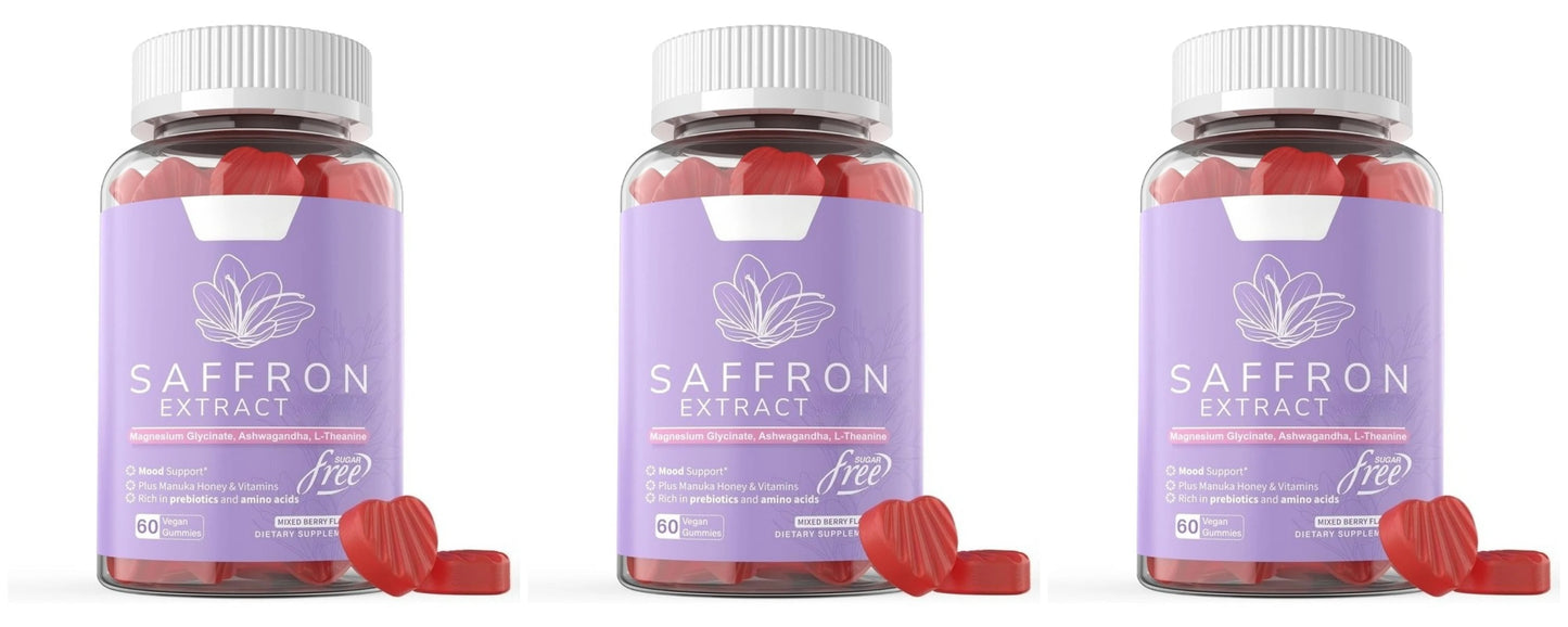 Saffron Extract Gummies 88.5mg with Vitamins C D3 B6 B12, Sugar-Free Mixed Berry, 60 Vegan Gummies
