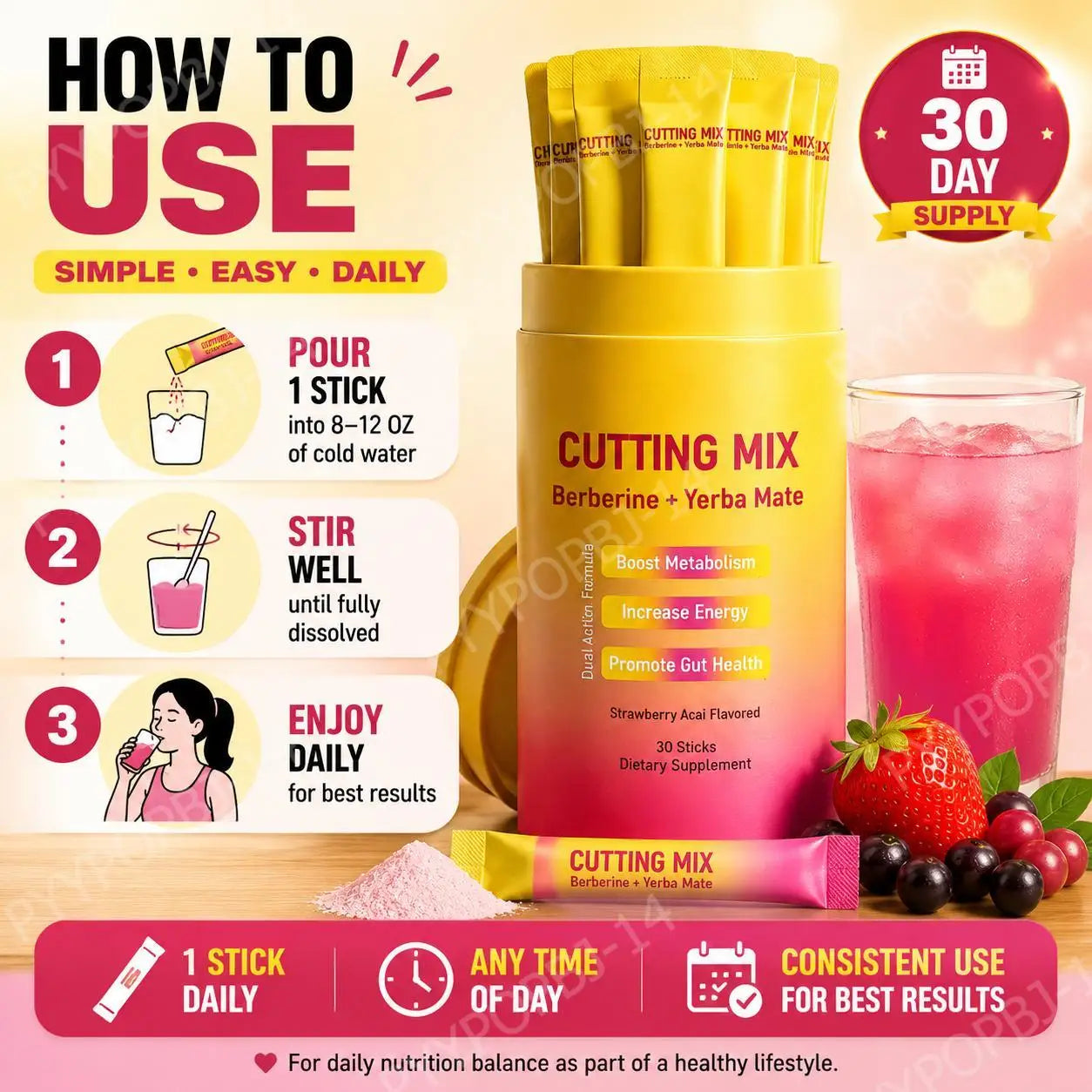 Berberine HCl And Yerba Mate Powder Drink Mix with Chromium Vitamin B6 & B12 30 Sticks Daily Weight Management Supplement