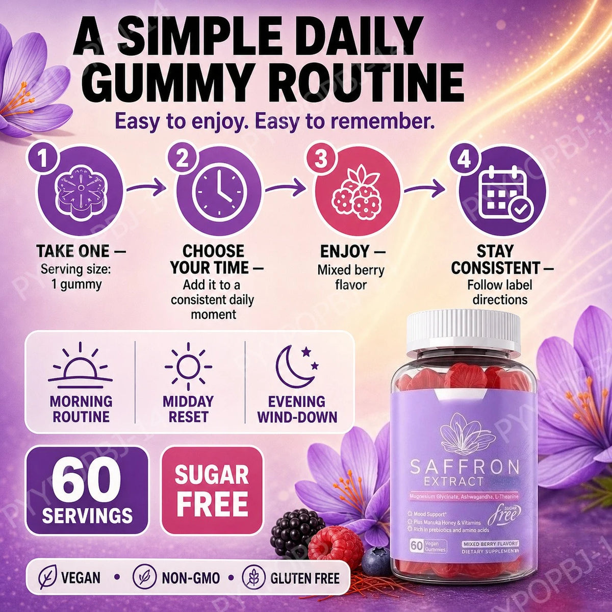 Saffron Extract Gummies 88.5mg with Vitamins C D3 B6 B12, Sugar-Free Mixed Berry, 60 Vegan Gummies