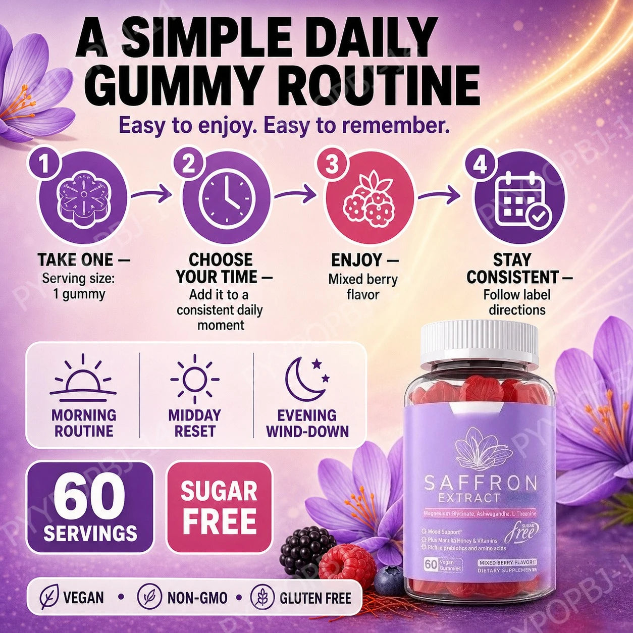 Saffron Extract Gummies 88.5mg with Vitamins C D3 B6 B12, Sugar-Free Mixed Berry, 60 Vegan Gummies