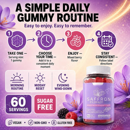 Saffron Extract Gummies 88.5mg with Vitamins C D3 B6 B12, Sugar-Free Mixed Berry, 60 Vegan Gummies